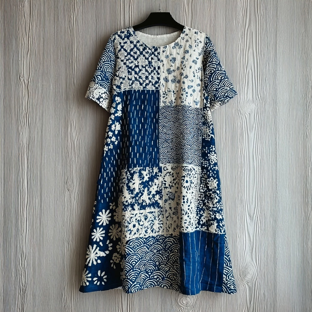 Vintage Japanese Inspired Patchwork Linen Midi Dress elevenforest