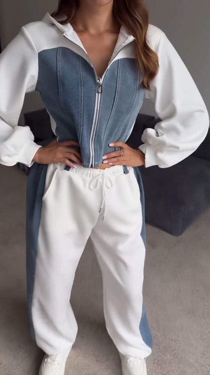 Hooded Denim Patchwork Sweatshirt Two-piece Set
