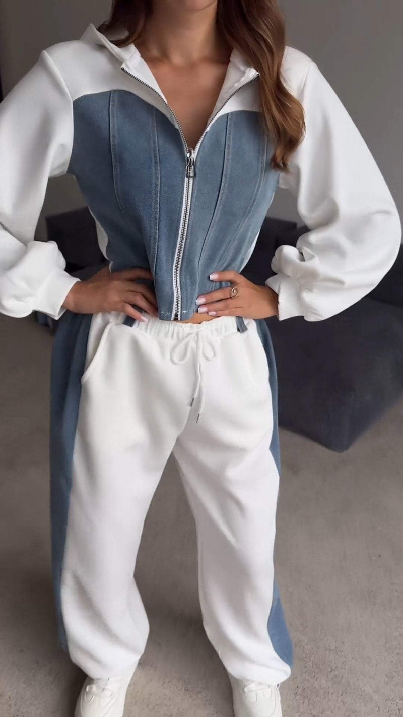 Hooded Denim Patchwork Sweatshirt Two-piece Set