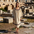 Vintage Classic Greek Key Crew Neck Cotton Blend Mixi Dress elevenforest