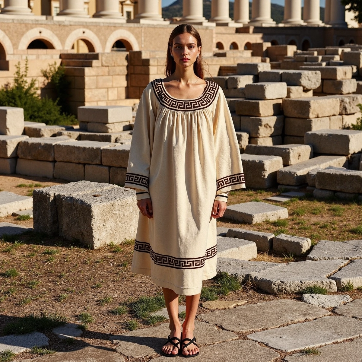 Vintage Classic Greek Key Crew Neck Cotton Blend Mixi Dress elevenforest