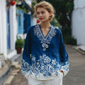 Women's Floral Pattern Linen V-neck T-shirt elevenforest