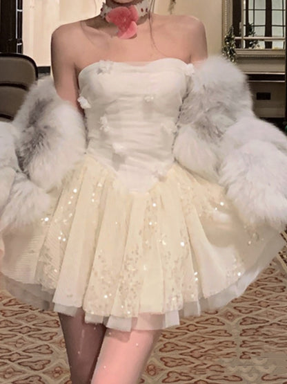 Y2k Strapless Mini Dress Mesh Sequins Birthday Party A-line Spring Summer Princess Dress Wedding Prom Vestidos New