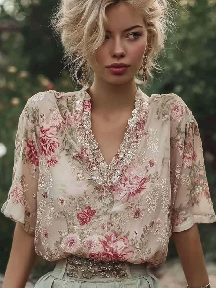 Bohemian Retro Countryside Style Plant Flower Design Cotton And Linen Women's Short-sleeved Shirt elevenforest