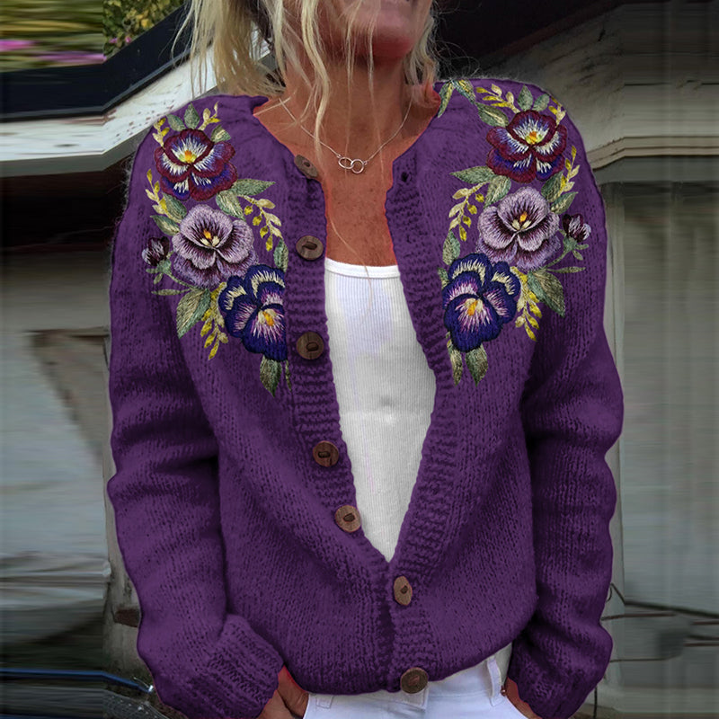 Vintage Embroidery Floral Art Knit Button Sweater elevenforest