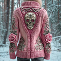 Comstylish Metal Skull & 3d Floral Viking Art Women's Chunky Knit Stand Collar Zipper Sweater