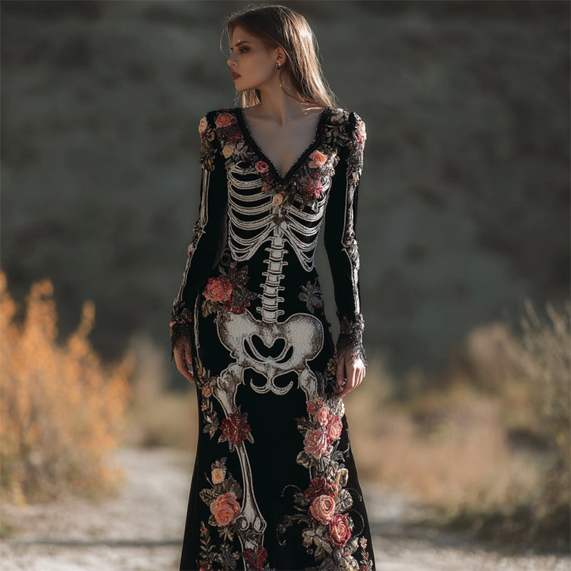 Vintage Skeleton Floral Glitter Beaded Cozy Velvet Maxi Dress elevenforest