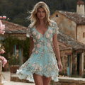Women's Pink Rose Floral Pattern Casual Short Sleeve V-neck Dress elevenforest