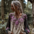 Bohemian Style Round Neck Long Sleeve 3d Purple Flower Design Cotton And Linen Top For Women elevenforest