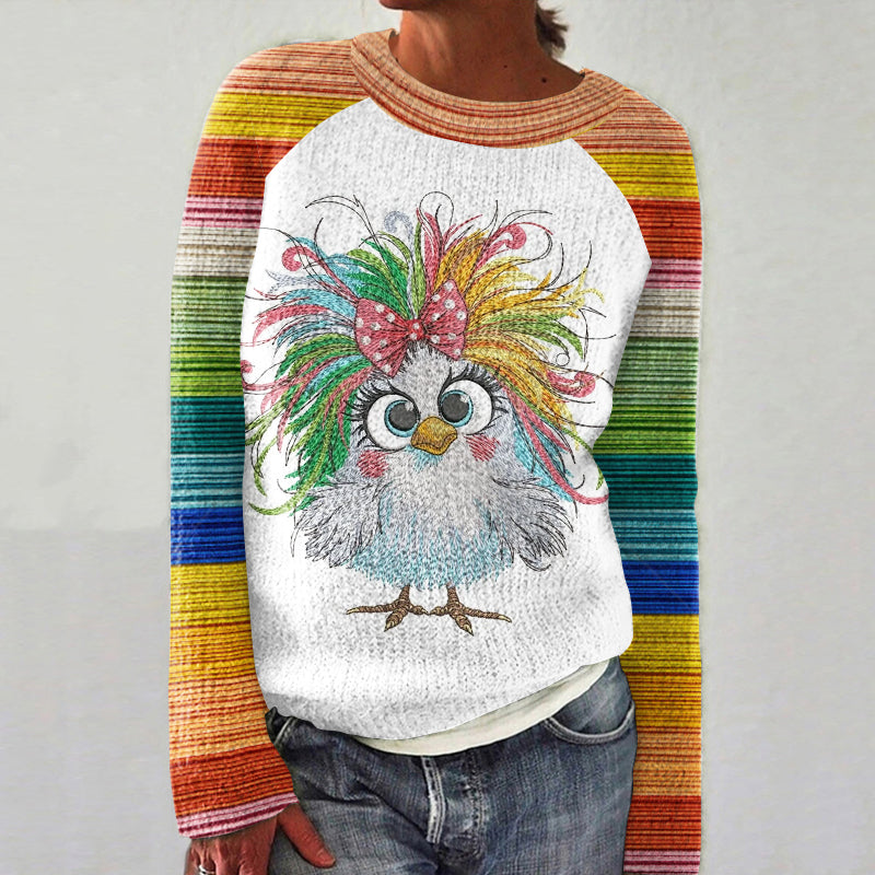Funny Thanksgiving Fall Rainbow Crazy Chicken Embroidery Art Print Knitted Pullover Sweater artswardrobe