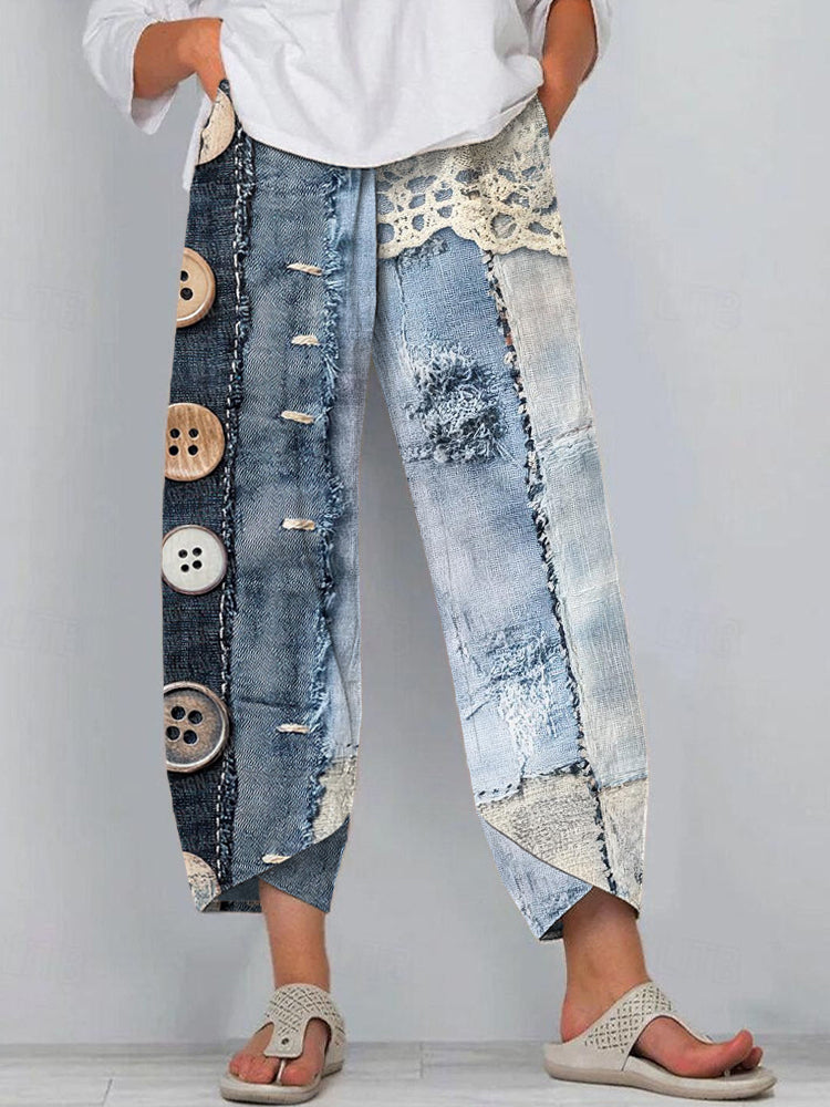 Denim & Lace Patchwork Linen Blend Pants elevenforest