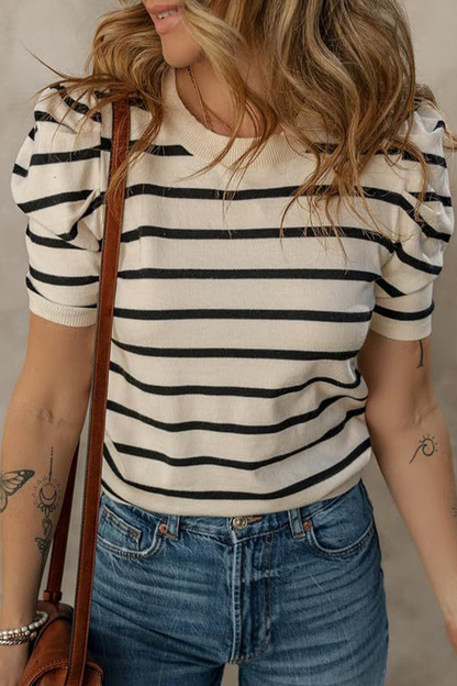 Stripe Ruched Weave O Neck T-shirts(5 Colors)