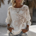 Women's Vintage Flower Embroidery Art Print Round Neck Long Sleeve T-shirt elevenforest