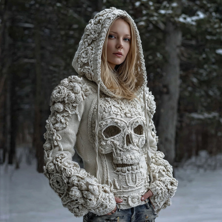 Women's Skull Flower Art Knit Hooded Sweater elevenforest
