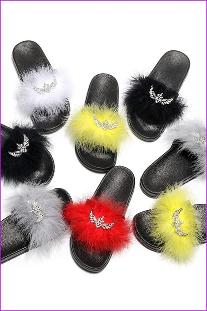 Rhinestone Bow Lady Furry Slides Fur Slippers De239