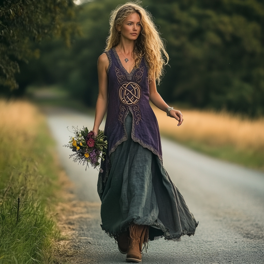 Vintage Viking Tribal Celtic Knot Patchwork Art Linen Tank Dress elevenforest