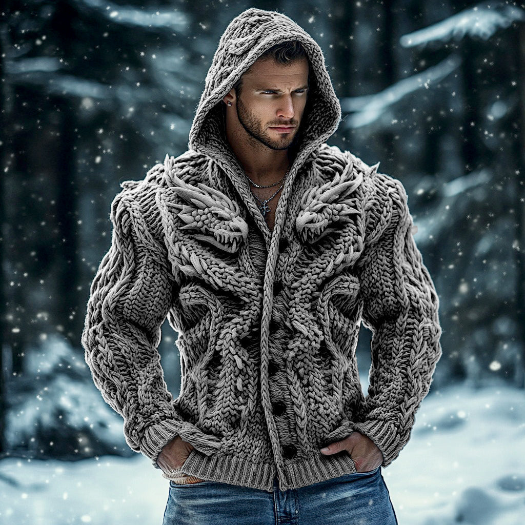 Men's Viking Dragon Mythology Chunky Knit Buttons Hooded Sweater elevenforest