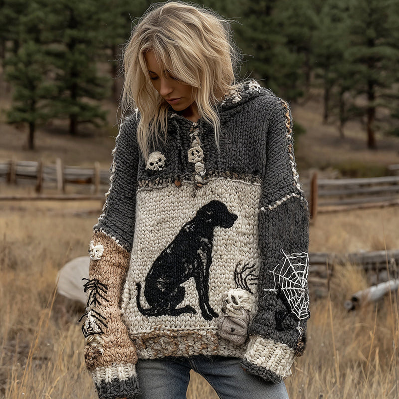 Comstylish Vintage Dog Horror Spider Web Cozy Knit Hooded Sweater