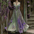 Vintage Classy Gradient Purple Lavender And Floral Embroidered Linen Suspender Long Dress elevenforest