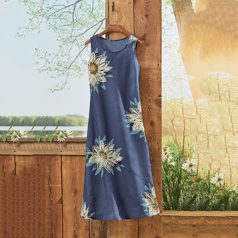 Vintage Floral Art Linen Sleeveless Dress elevenforest