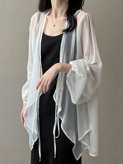 Bishop Sleeve Long Sleeves See-through Split-joint Tied Collarless Blouses&shirts Tops