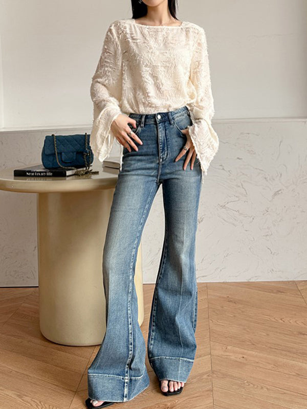 Flared Sleeves Long Sleeves Drawstring Fringed Color Square-neck Blouses&shirts Tops