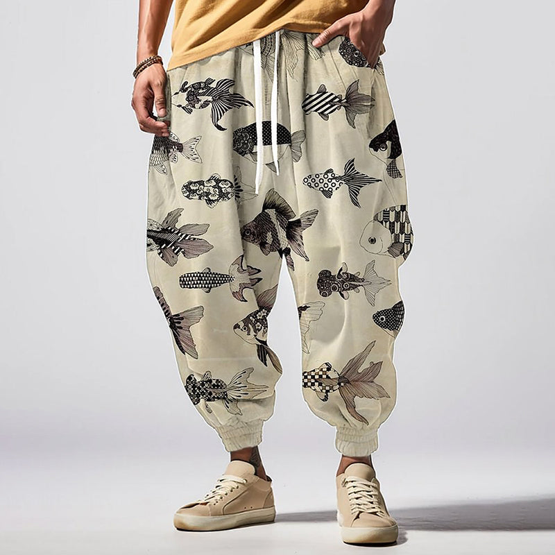 Vintage Japanese Art Fish Print Casual Loose Drawstring Waist Sweatpants elevenforest