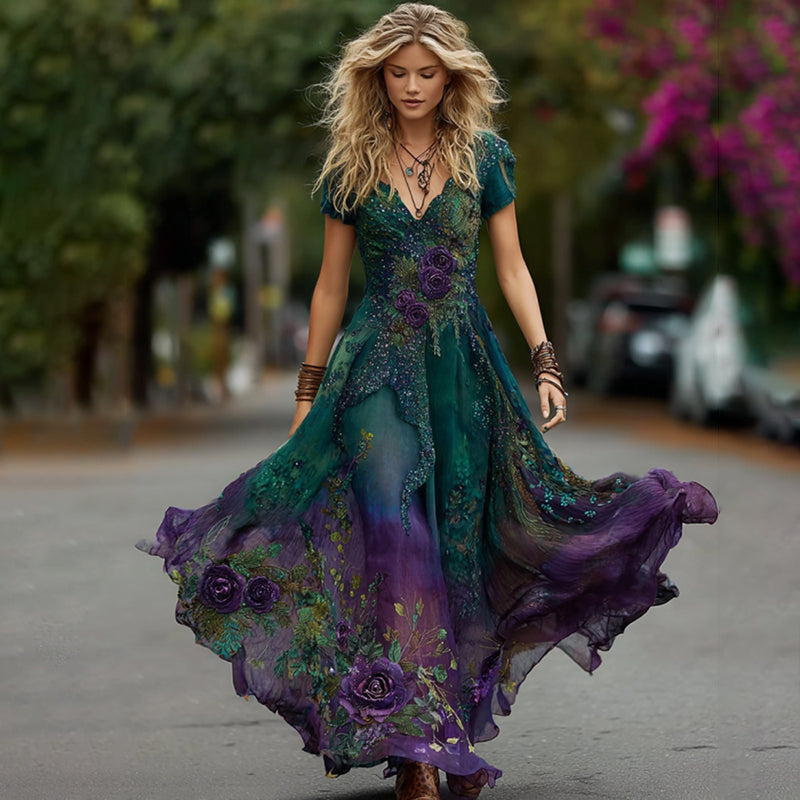Women's Vintage Purple Roses Embroidery Linen Short Sleeve Dress elevenforest