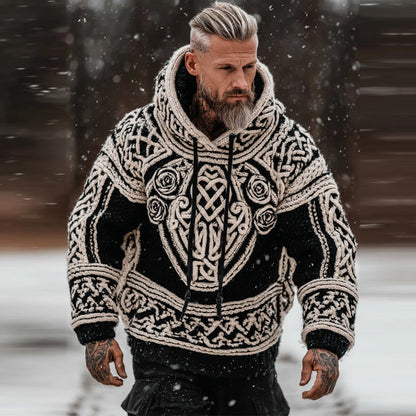 Men's Viking Tribal Jacquard Celtic With Rose Inspired Chunky Knit Hooded Sweater artswardrobe