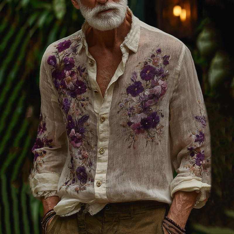 Men's Vintage Purple Floral Embroidered Art Comfy Linen Shirt elevenforest