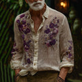 Men's Vintage Purple Floral Embroidered Art Comfy Linen Shirt elevenforest