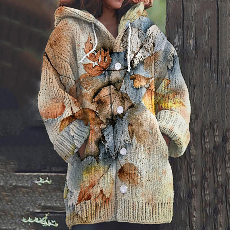 Vintage Tribal Maple Leaves Cozy Button Sweater elevenforest