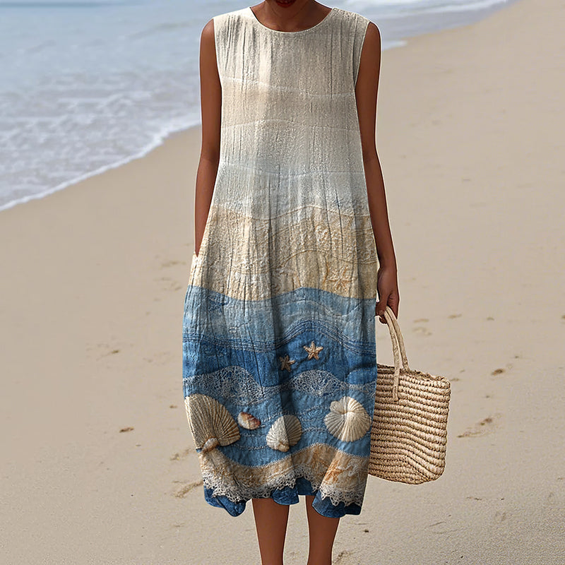 Vintage Loose  Starfish & Sea Shells Sea Waves Art Sleeveless Cotton And Linen Tank Dress elevenforest
