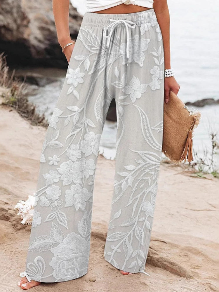 Comstylish Women's Casual Retro Embroidered Floral Print Pants