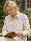 Rustic Floral Plaid Patchwork Art Women's Linen Long Sleeve Shirt elevenforest