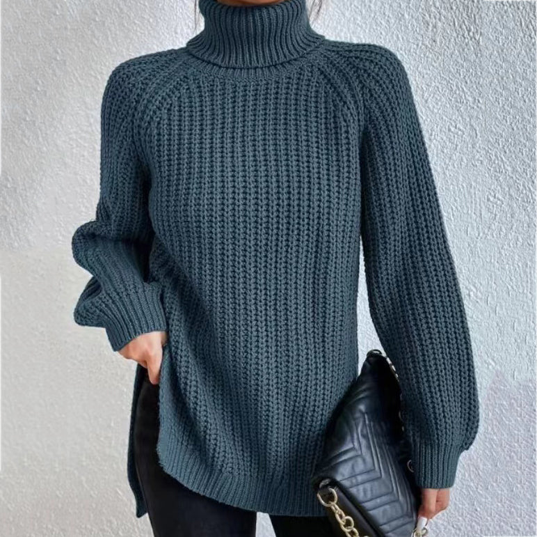 Retro Mid Length Raglan Sleeves High Lapel Split Sweater elevenforest