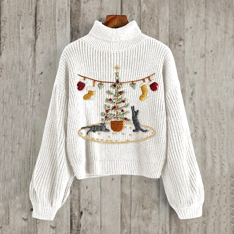 Women's Cat And Christmas Tree Embroidery Art High Collar Cozy Sweater elevenforest