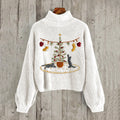 Women's Cat And Christmas Tree Embroidery Art High Collar Cozy Sweater elevenforest