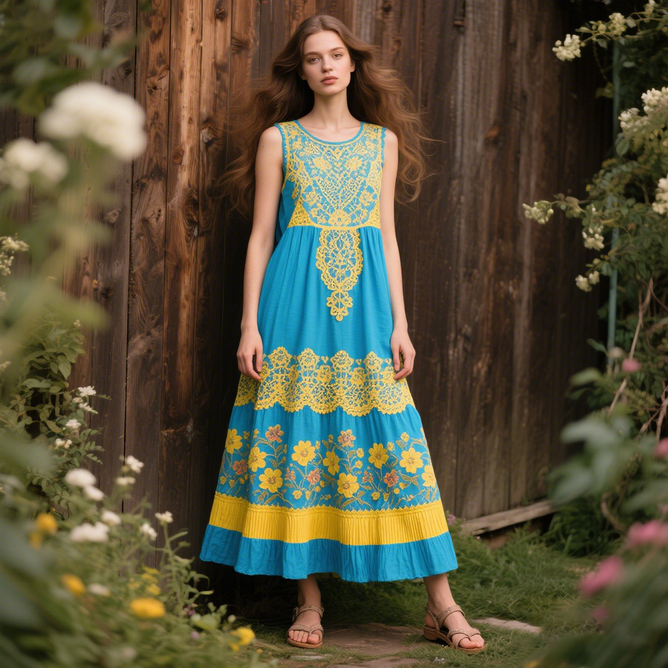 Vintage Sunflower Embroidery Pattern Cotton And Linen Sleeveless Dress elevenforest