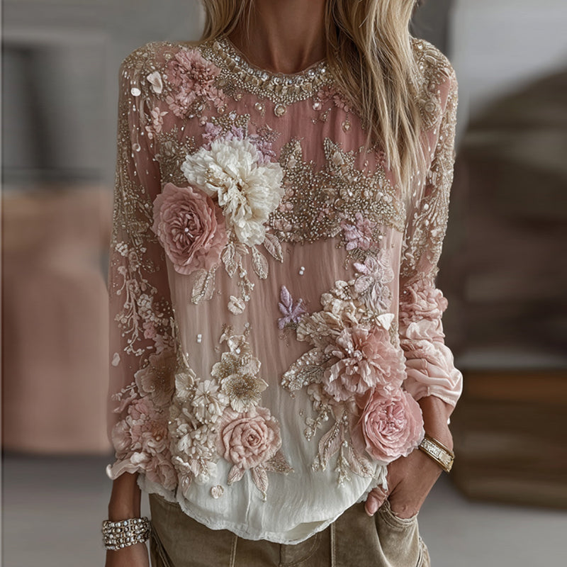Women's Pink Rose Embroidery Art Round Neck Long Sleeve Linen Blend T-shirt elevenforest
