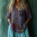 Vintage Boho Patchwork Art Print Short Sleeve V-neck Shirt elevenforest