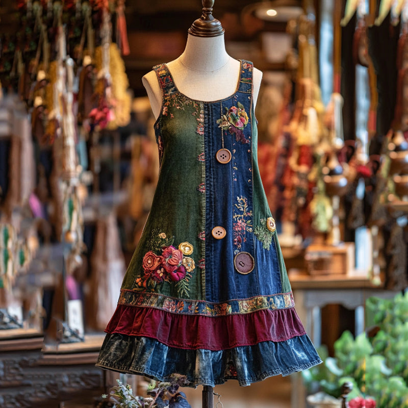 Vintage Floral Patchwork Art Sleeveless Cute Dress elevenforest