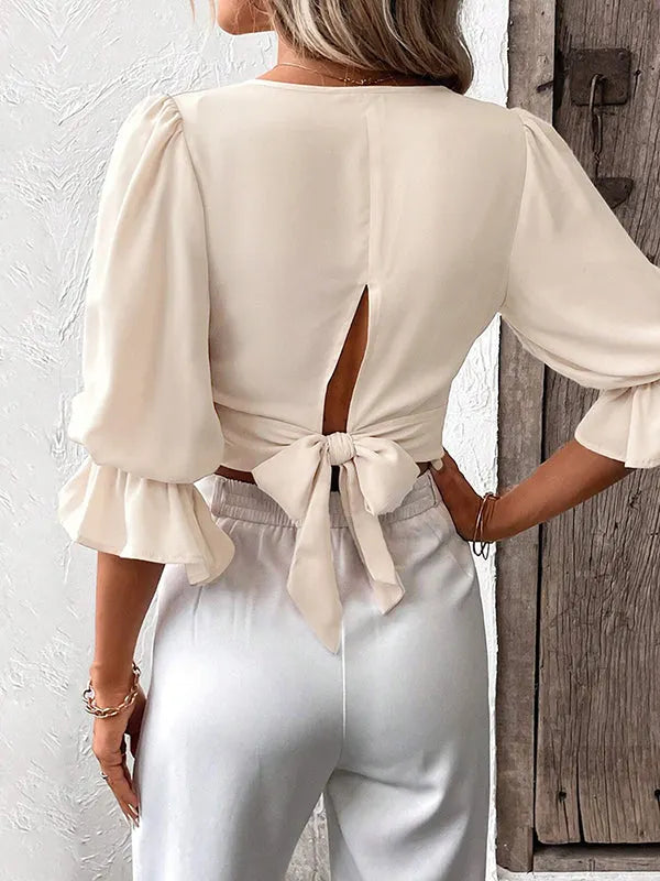 Half Sleeves Loose Elasticity Hollow Ruffled Color Tied V-neck Blouses&shirts Tops