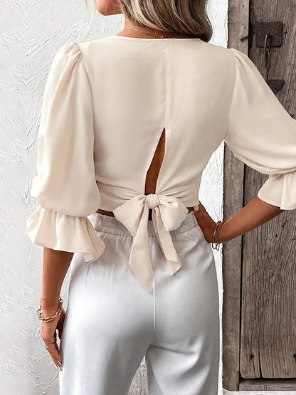 Half Sleeves Loose Elasticity Hollow Ruffled Color Tied V-neck Blouses&shirts Tops