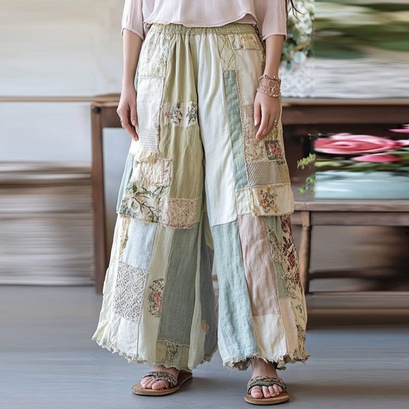Vintage Floral Embroidered Patchwork Linen Blend Casual Pants elevenforest