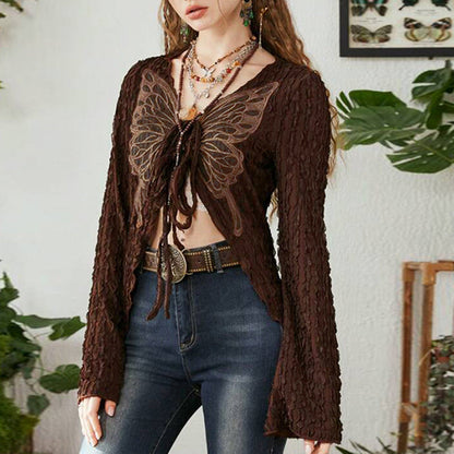 Retro Texture Butterfly Tied Top – Irregular Asymmetric V Neck Cardigan