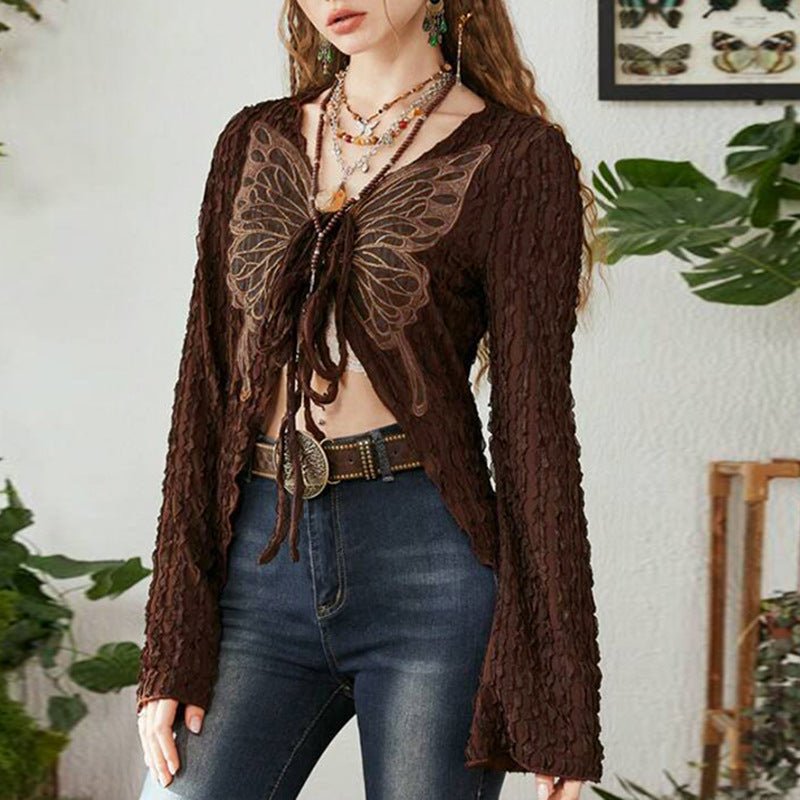 Retro Texture Butterfly Tied Top – Irregular Asymmetric V Neck Cardigan