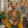Vintage Bohemian Patchwork Art Floral V-neck Long-sleeved Cotton And Linen Top elevenforest