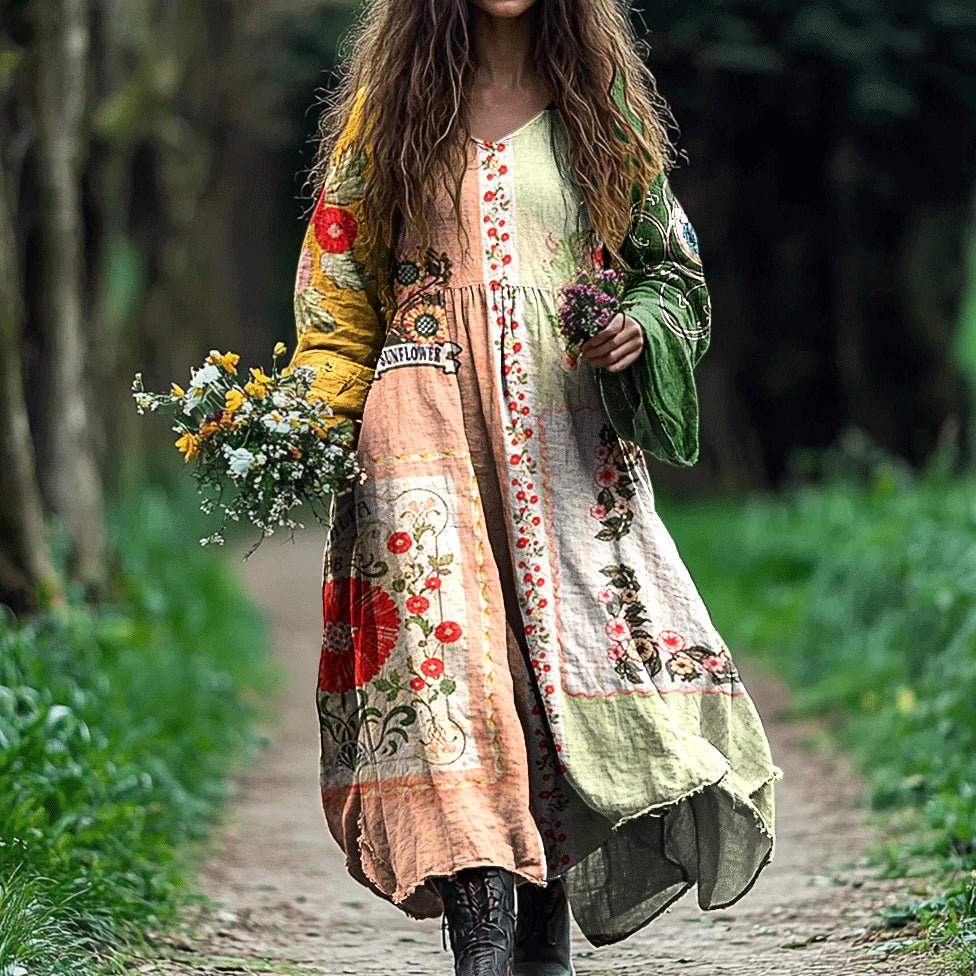 Women's Vintage Tribal Floral Art Cotton And Linen Dress elevenforest