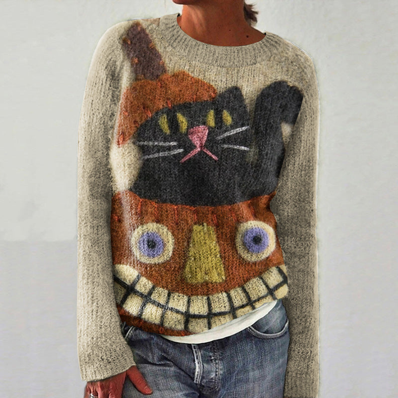 Pumpkin And Black Cat Halloween Print Women'S Sweater elevenforest